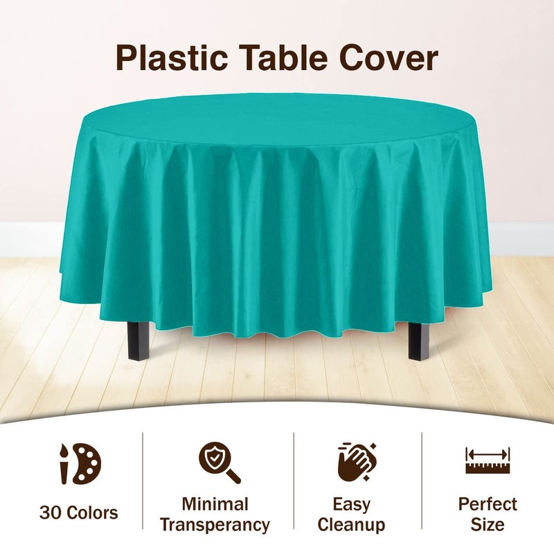 Party Solids 12-Pack Premium Plastic Tablecloth 84in. Round Table Cover - Teal - Image 3